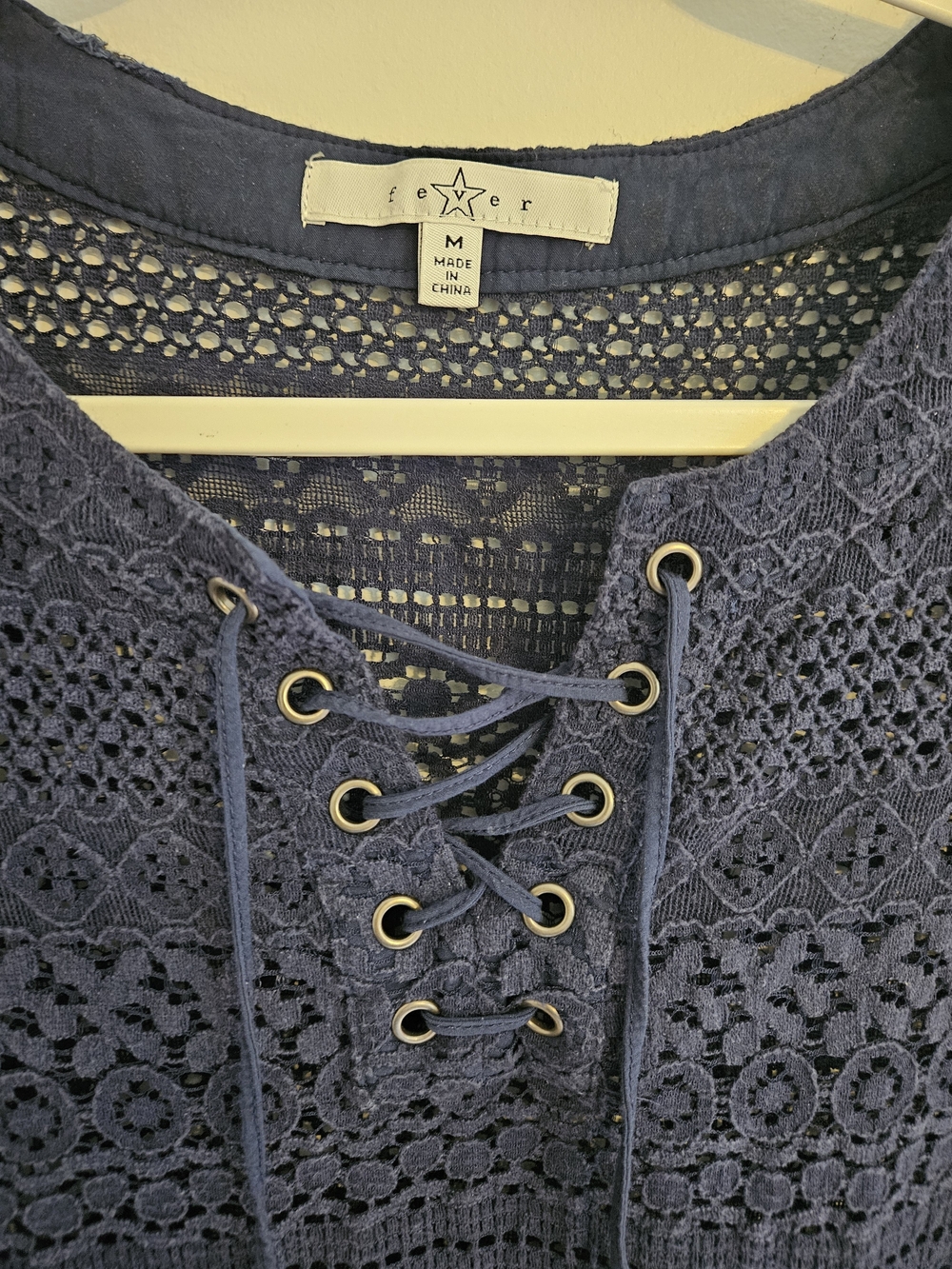 Fever Navy Blue Crochet Peplum Top with Lace-Up Neck - Picture 2 of 4